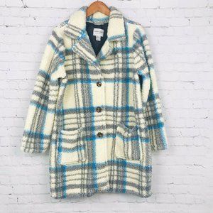 Sabrina Lauren Sz Large Cream Blue Plaid Sherpa Fleece Coat